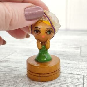 Vtg‎ Veiled Lady Pencil Sharpener Green Dress Decor Decorative Wood Figurine 60s